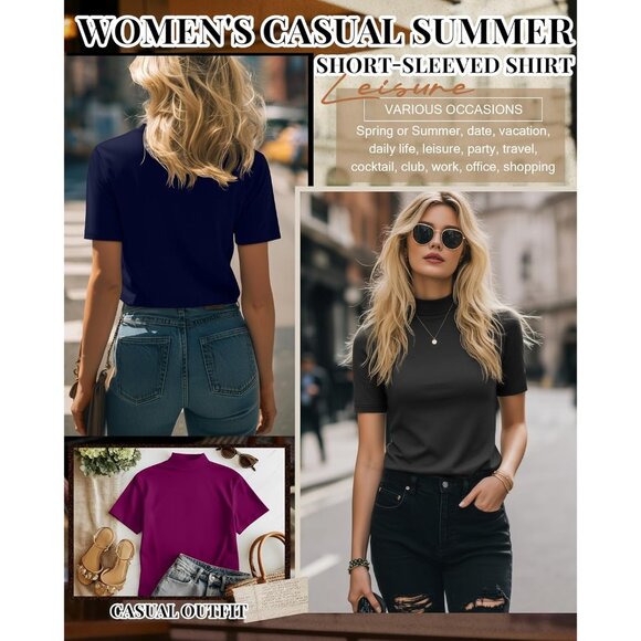 3 Pack Women's Mock Neck Shirts Short Sleeve Turtleneck Casual Blouse - Picture 6 of 6